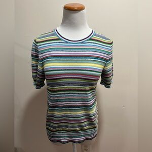 Akris Punto Multicolor Stripe Cotton Nylon Knit Short Sleeve T Shirt Top Sz. 6